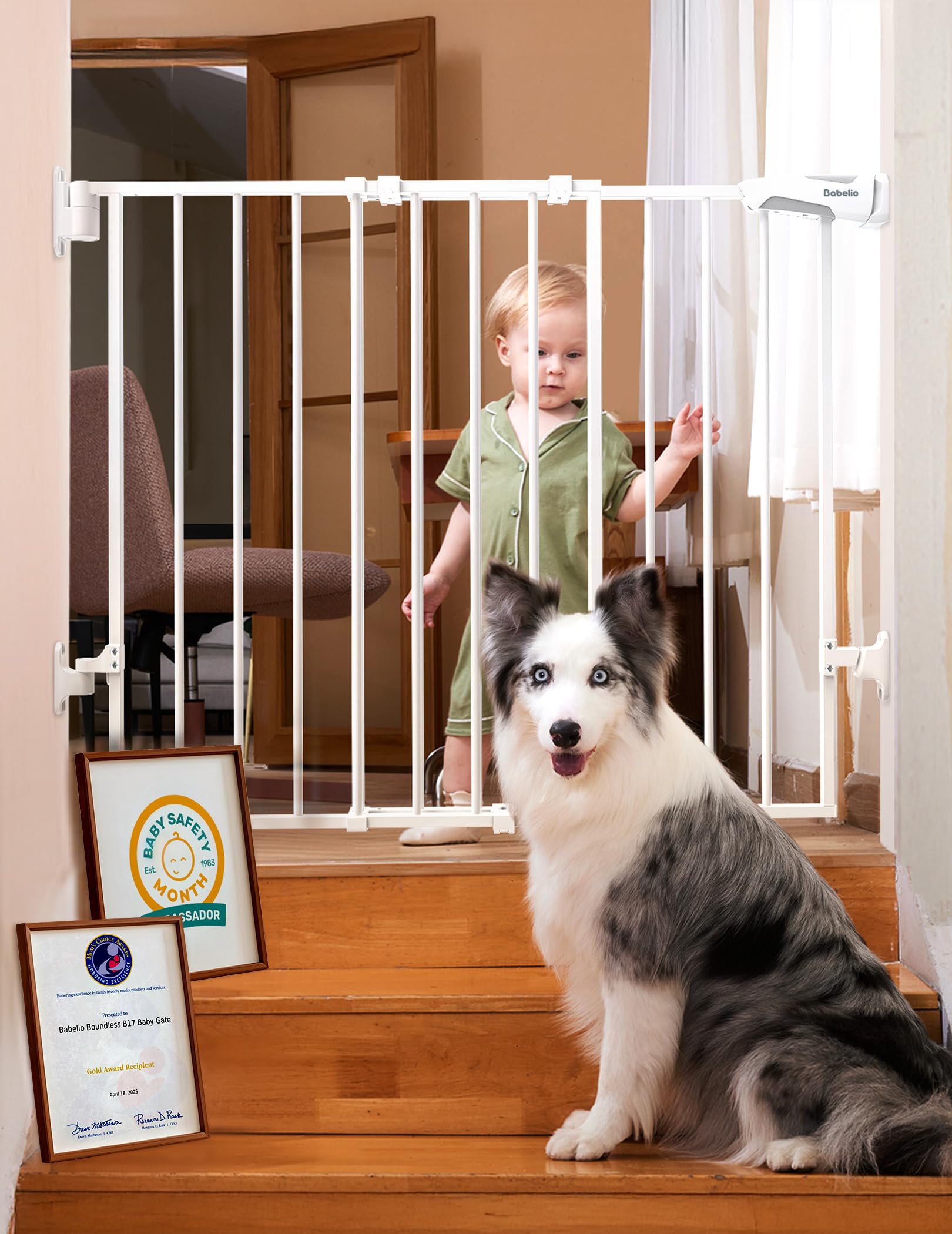 Babelio No Bottom Bar Baby Gate, 28" H x 26-43" W, White | Easy Install| One-han