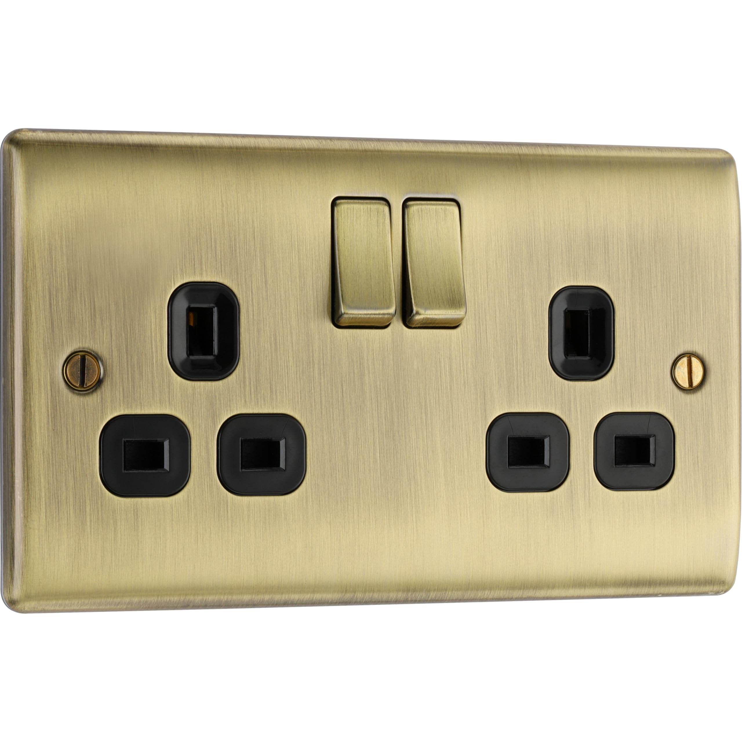 BG Electrical Double Switched Power Plug Wall Socket, Nexus Metal, Antique Brass