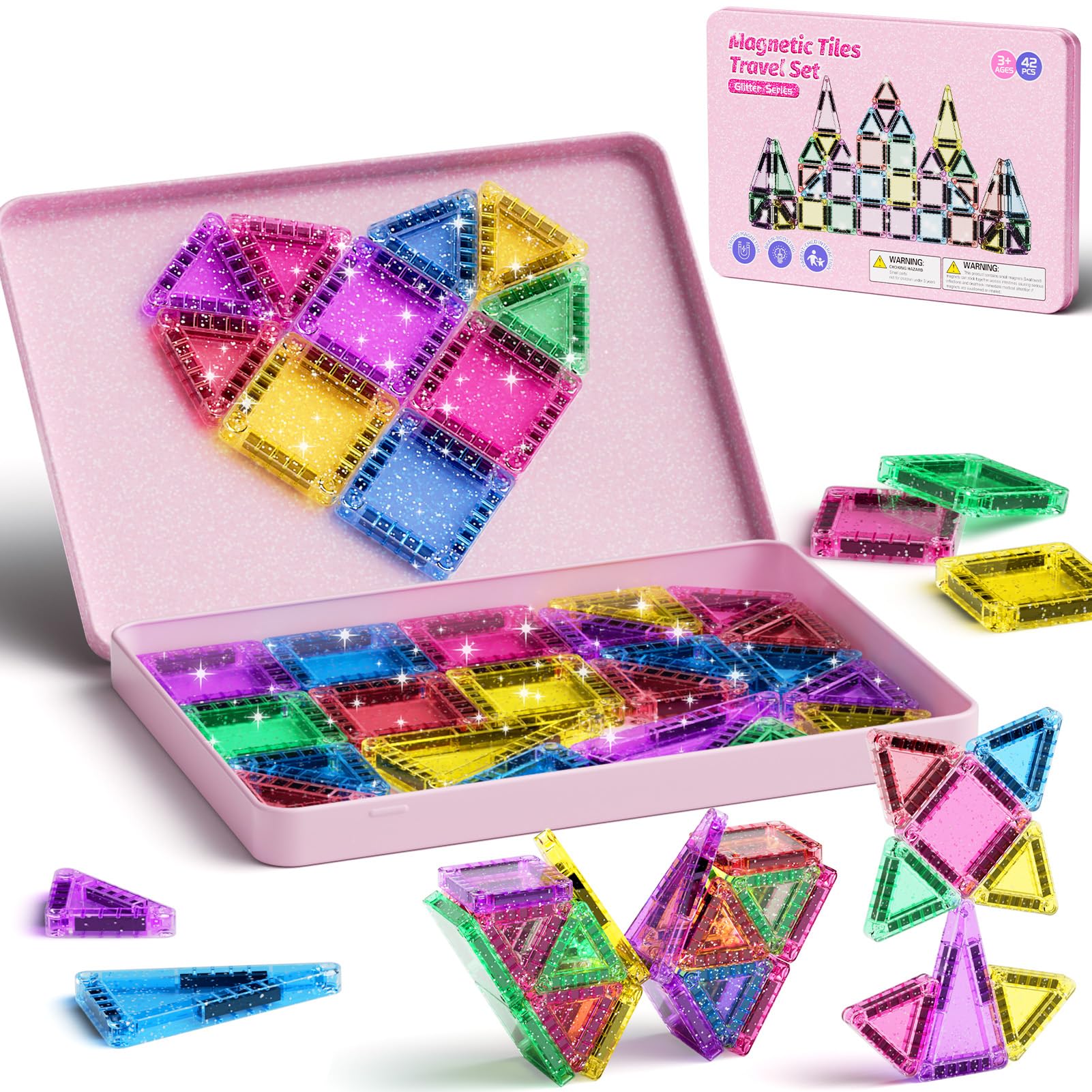 WMXDU 42-Piece Glitter Magnetic Tiles Travel Set with Pink Metal Box - Portable 