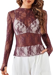 Avidlove レディース メッシュトップ 長袖 モックネック シアーブラウス シースルー フローラルレーストップス