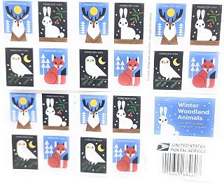 United States Postal Service Winter Woodland Animals (Booklet of 20) Forever Postage Stamps (a Deer, Fox, Rabbit, and Owl) 2023 Scott #5822-5825