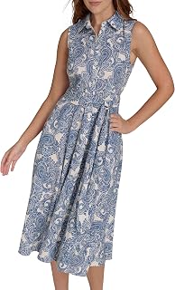 Tommy Hilfiger Women Sleeveless Collar Button Front Tie Waist Midi Shirt Dress