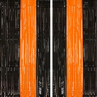 PIGETALE 2 Pack 3.2Ftx8.2Ft Black and Orange Tinsel Foil Fringe Curtain | Halloween Backdrop Curtains Photo Booth Props Streamers Christmas Birthday Party Anniversary Wedding Retirement Decorations