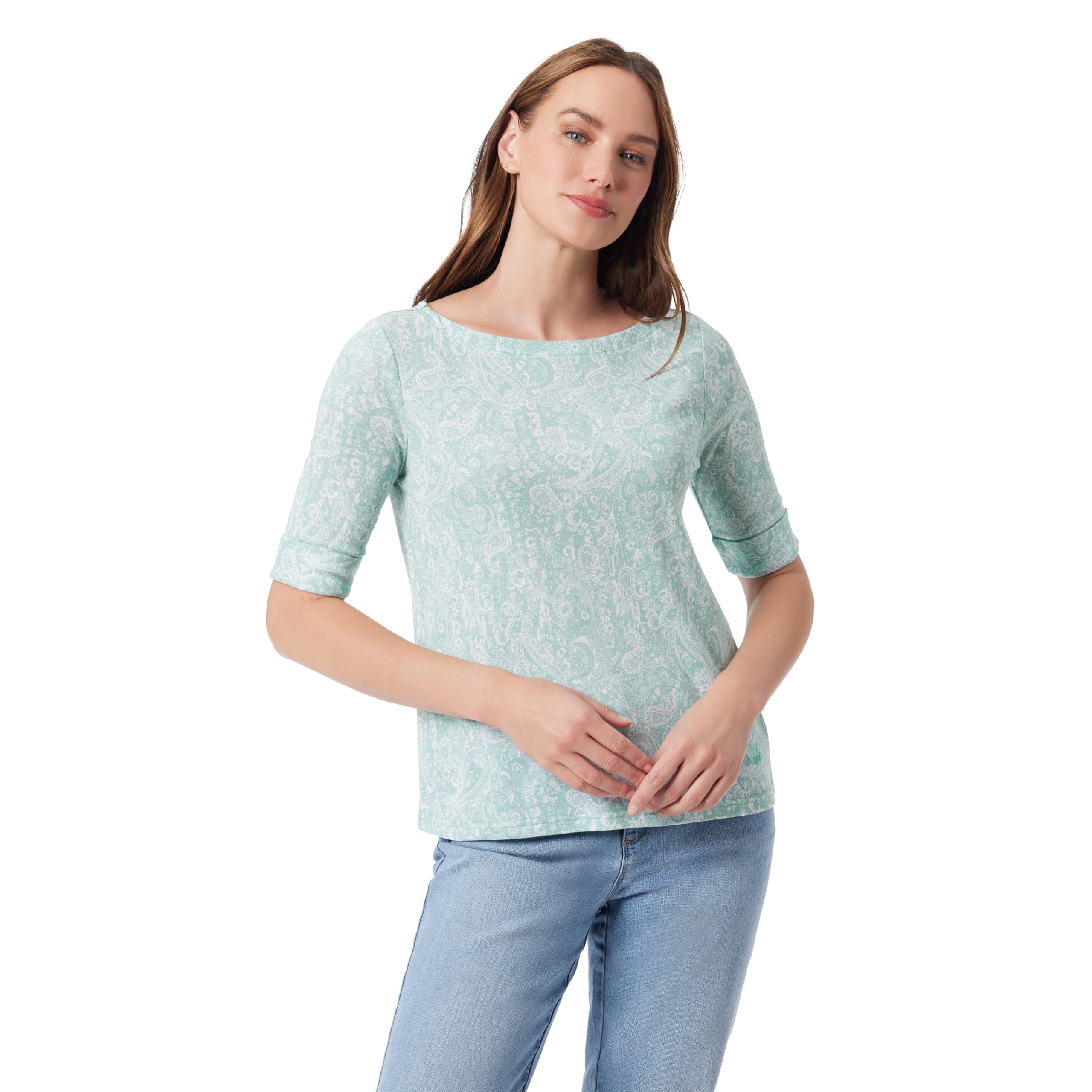 Gloria Vanderbilt Alanis Boat Neck Knit Tee Shirt with Elbow Sleeves Standard Al