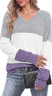 AUSELILY Women's Sweatshirt Pullover V-Neck Long Sleeve Color Block