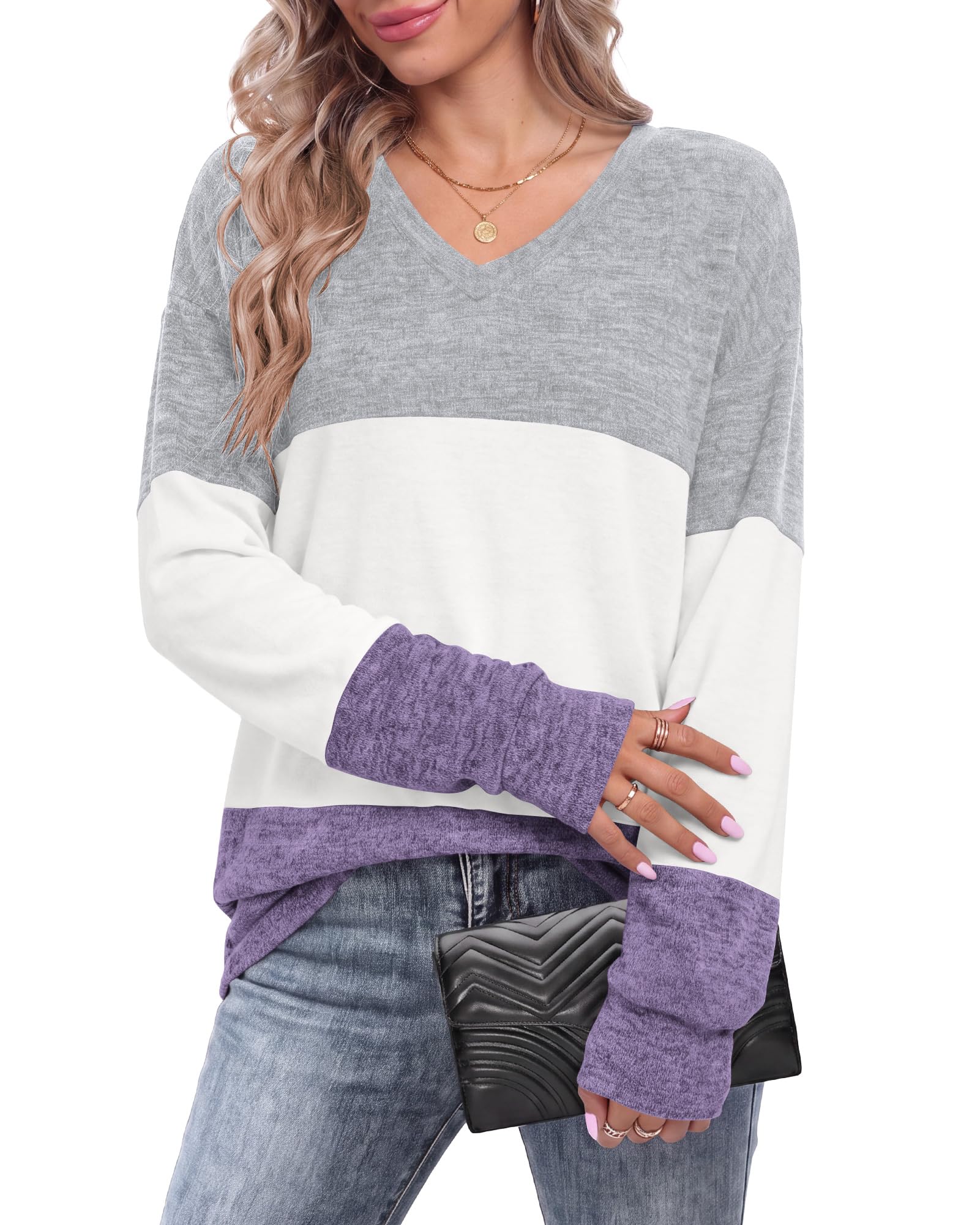 AUSELILY Women's Sweatshirt Pullover V-Neck Long Sleeve Color Block