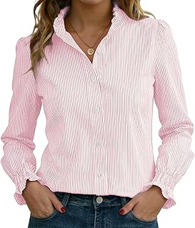 Funlingo Women's Striped Button Down Shirts Long Sleeve Smocked Cuffed Ruffle Collar Blouses Spring Work Business Casual Tops