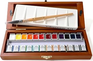 Professional Watercolor Paint Set - 24 Half Pan Highly Pigmented Transparent Water Color Adult Paints with #4 Synthetic Water color Brush, Ceramic Mixing Palette & Wooden Box Gift Watercolor Kit