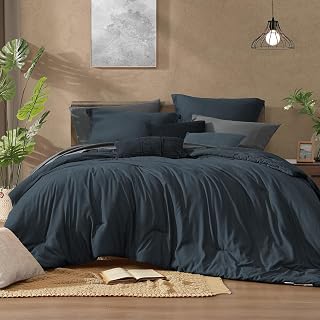 Monbix Queen Comforter Set 7 Pieces Navy Blue Cationic Dyeing Bed in a Bag