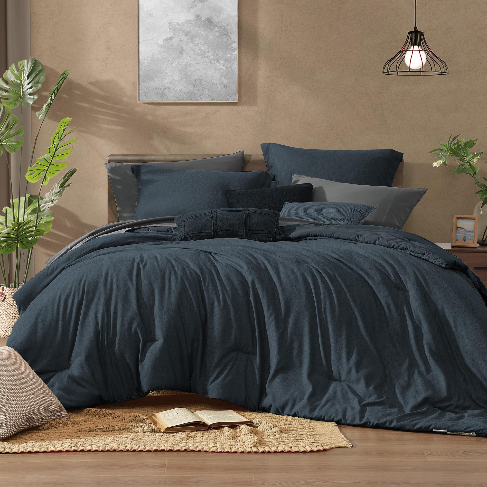 Monbix Queen Comforter Set 7 Pieces Navy Blue Cationic Dyeing Bed in a Bag