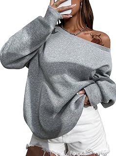 Remidoo Womens Off Shoulder Sweatshirt Drop Shoulder Oversized Long Sleeve Pullover Top Grey X-Large