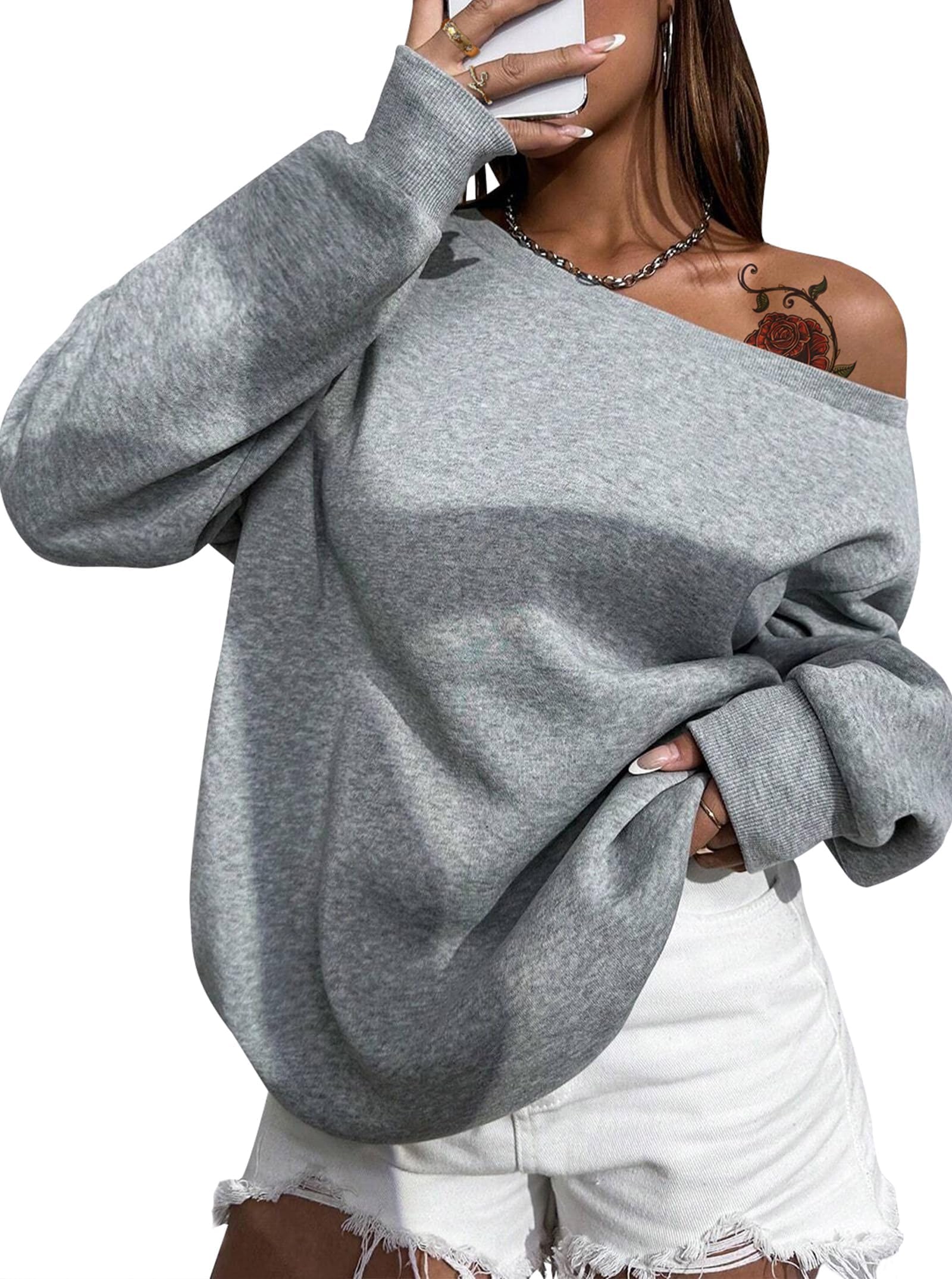 Remidoo Womens Off Shoulder Sweatshirt Drop Shoulder Oversized Long Sleeve Pullo