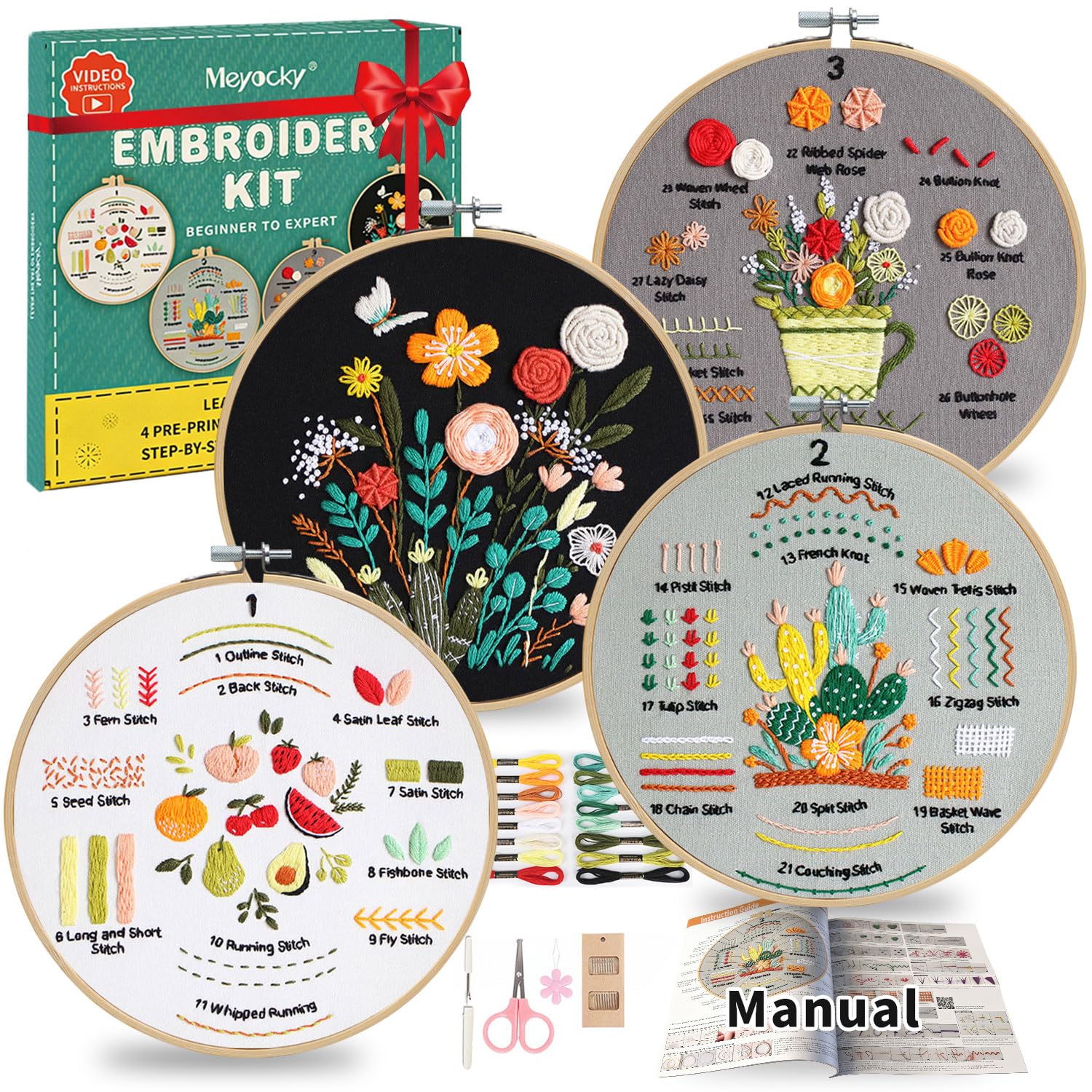 Meyocky Embroidery Kit for Beginners to Learn 31 Basic Stitches with Video | 4-P