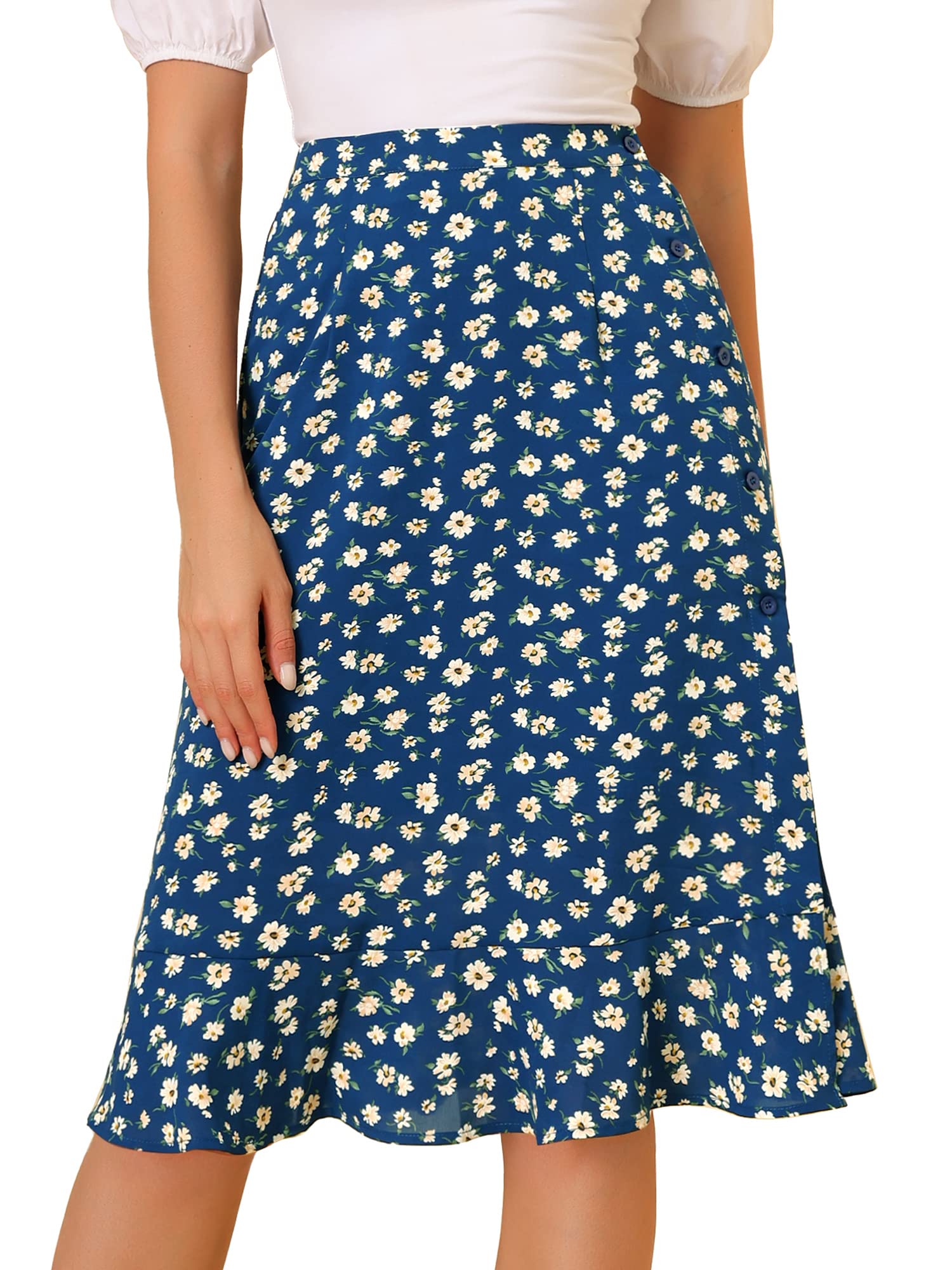 Allegra K Women's Floral Midi Skirts Ruffle High Waist A-Line Split Skirt