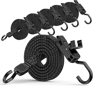 Rugtol Bungee Cords with Hooks, 120cm Adjustable Flat Bungee Straps with Quick Release Buckle, Rubber Black Heavy Duty Elastic Cords with Metal Hooks for Bike Rack, Outdoor, Camping, Tarp, 6 Pack