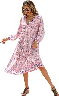 R.Vivimos Women's Long Sleeve Floral Print Retro V Neck Tassel Bohemian Midi Dresses