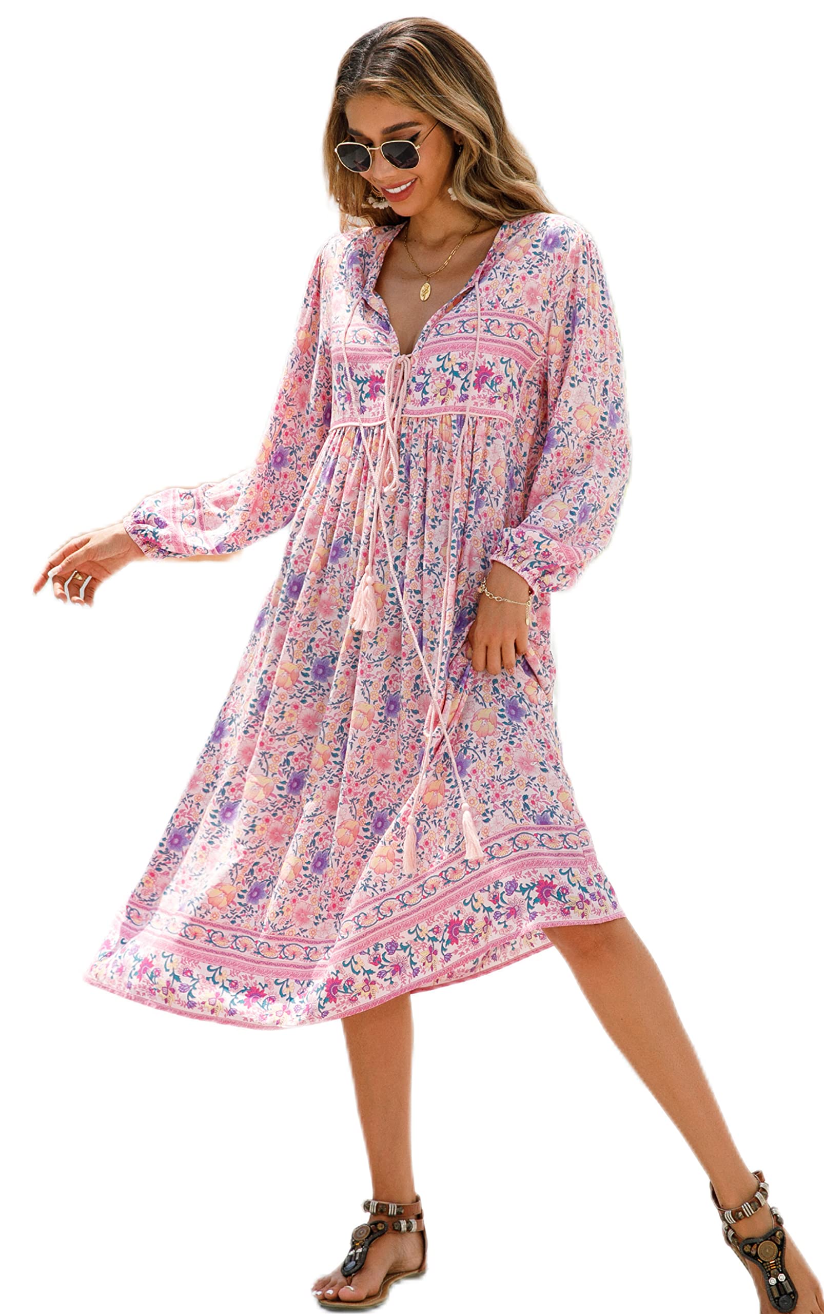 R.Vivimos Women's Long Sleeve Floral Print Retro V Neck Tassel Bohemian Midi Dre