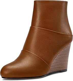 HDEUOLM Women's High Wedge Heel Closed Round Toe Ankle Boots 8.5 cm Heels Slip-on Zip Cute Shoes