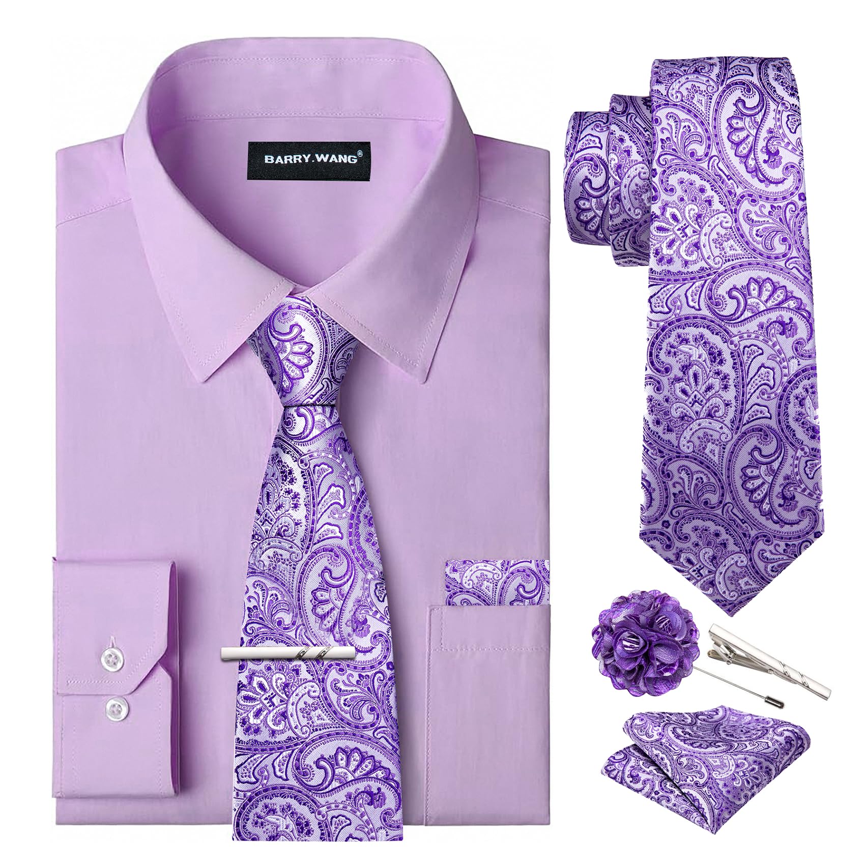Barry.Wang Mens Dress Shirt and Tie Set Wedding Formal Business Shirt 6pcs