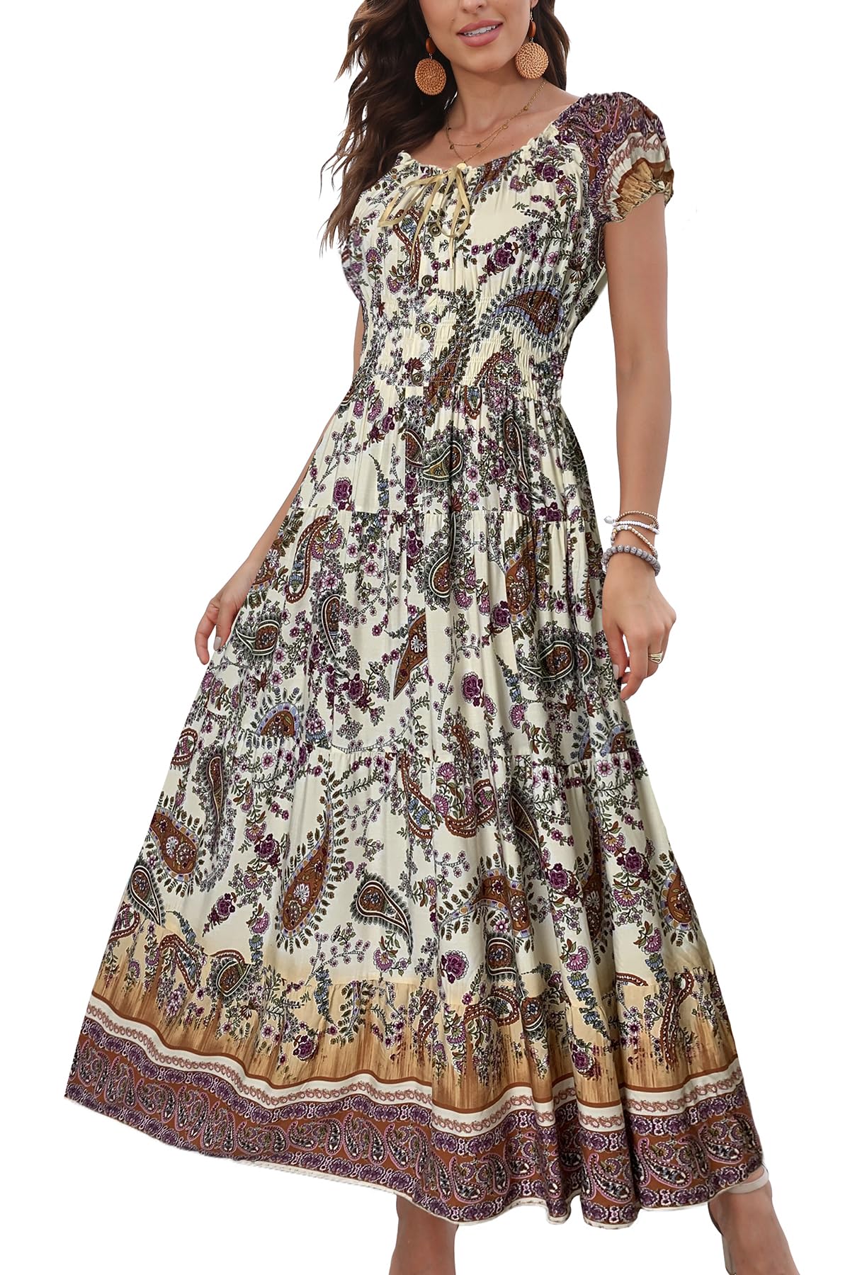 OSTOO Women's Summer 2025 Short Sleeve Boho Floral Print Multi-Layer Long Dress 