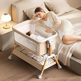 3 in 1 Baby Bassinet,Bedside/Rocking Bassinet for Baby with Waterproof Comfy Mattress and Wheels,7 Adjustable Height Baby Bassinet Bedside Sleeper, Easy Folding Portable Crib for Newborn (Khaki)
