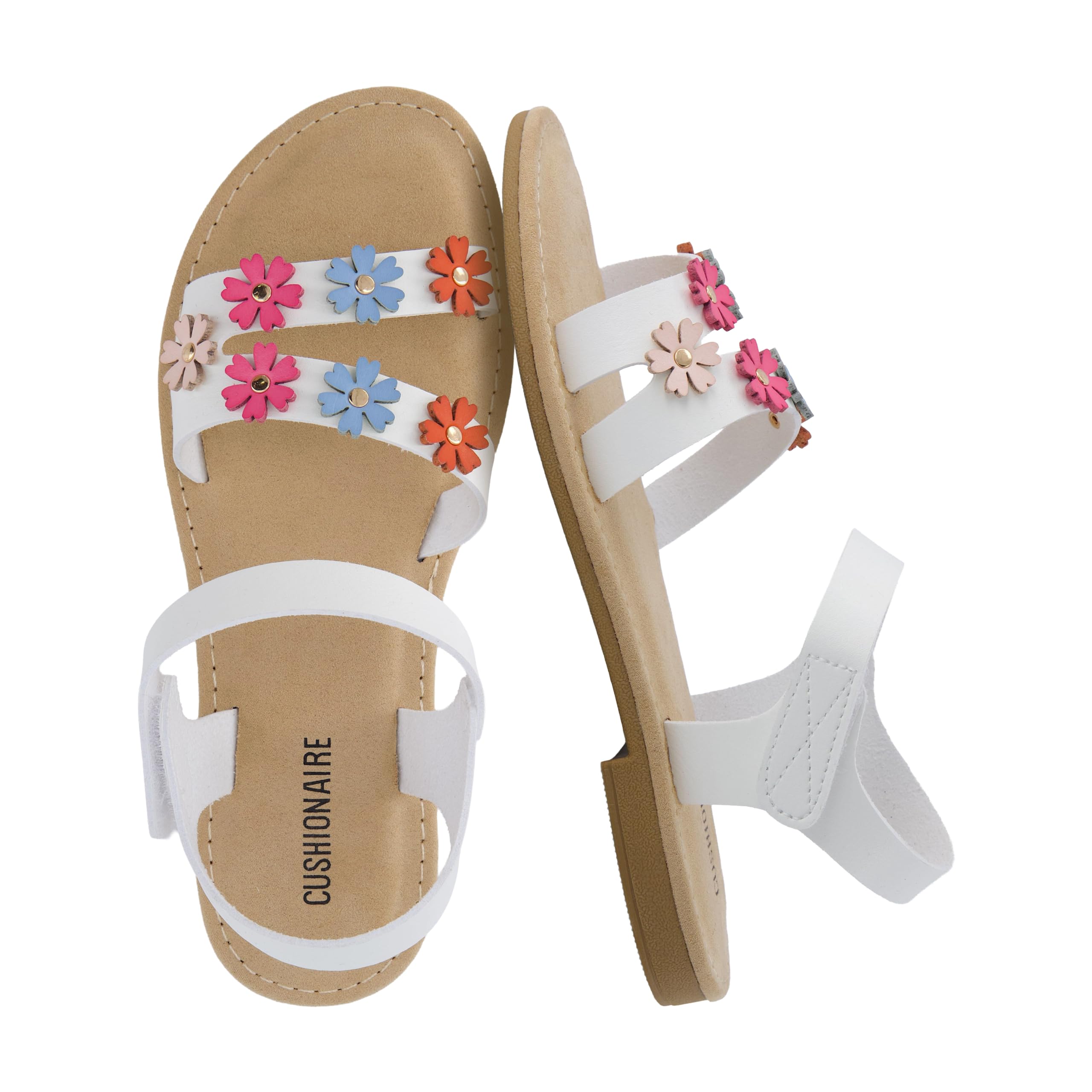 CUSHIONAIRE Cleo Girls Flower Strap Sandals Elegant Padded Footbed Adjustable An