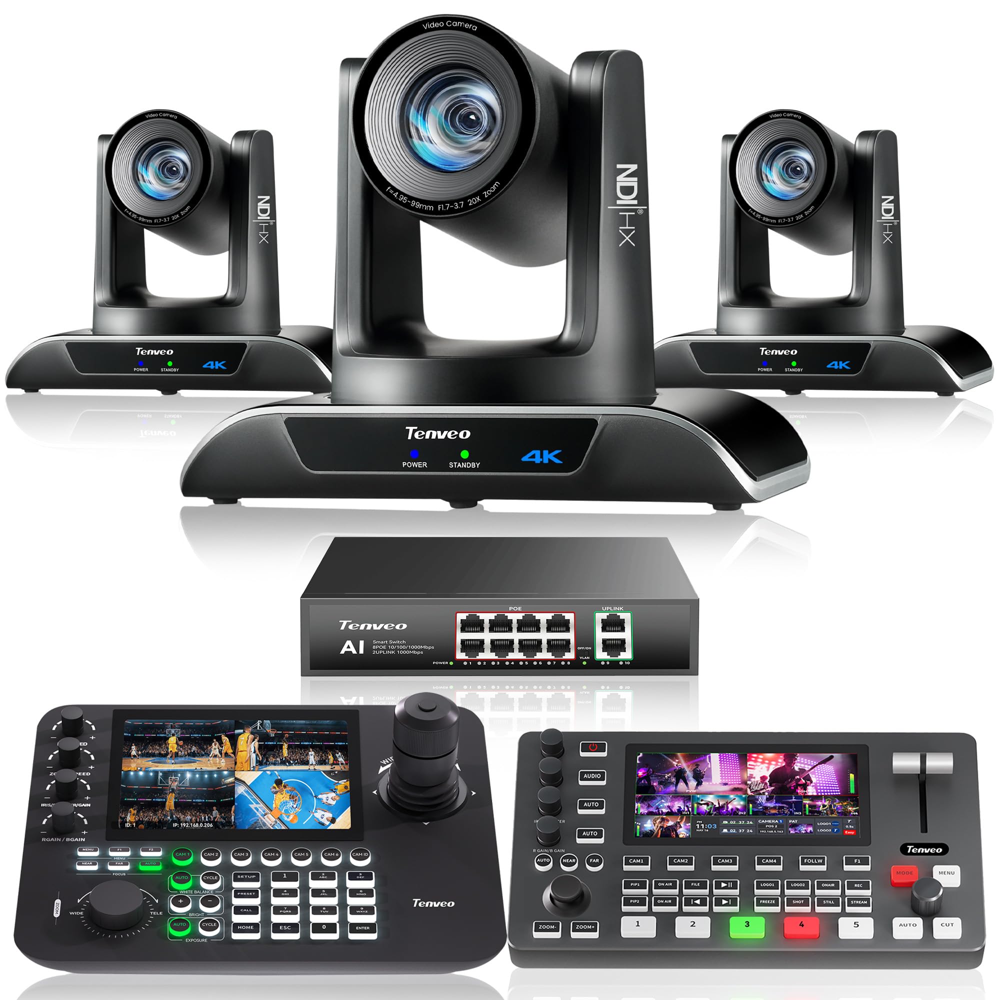 Tenveo PTZ Bundle/Kits - 20X 4K AI Auto-Tracking NDI PTZ Camera(*3) with HDMI/US