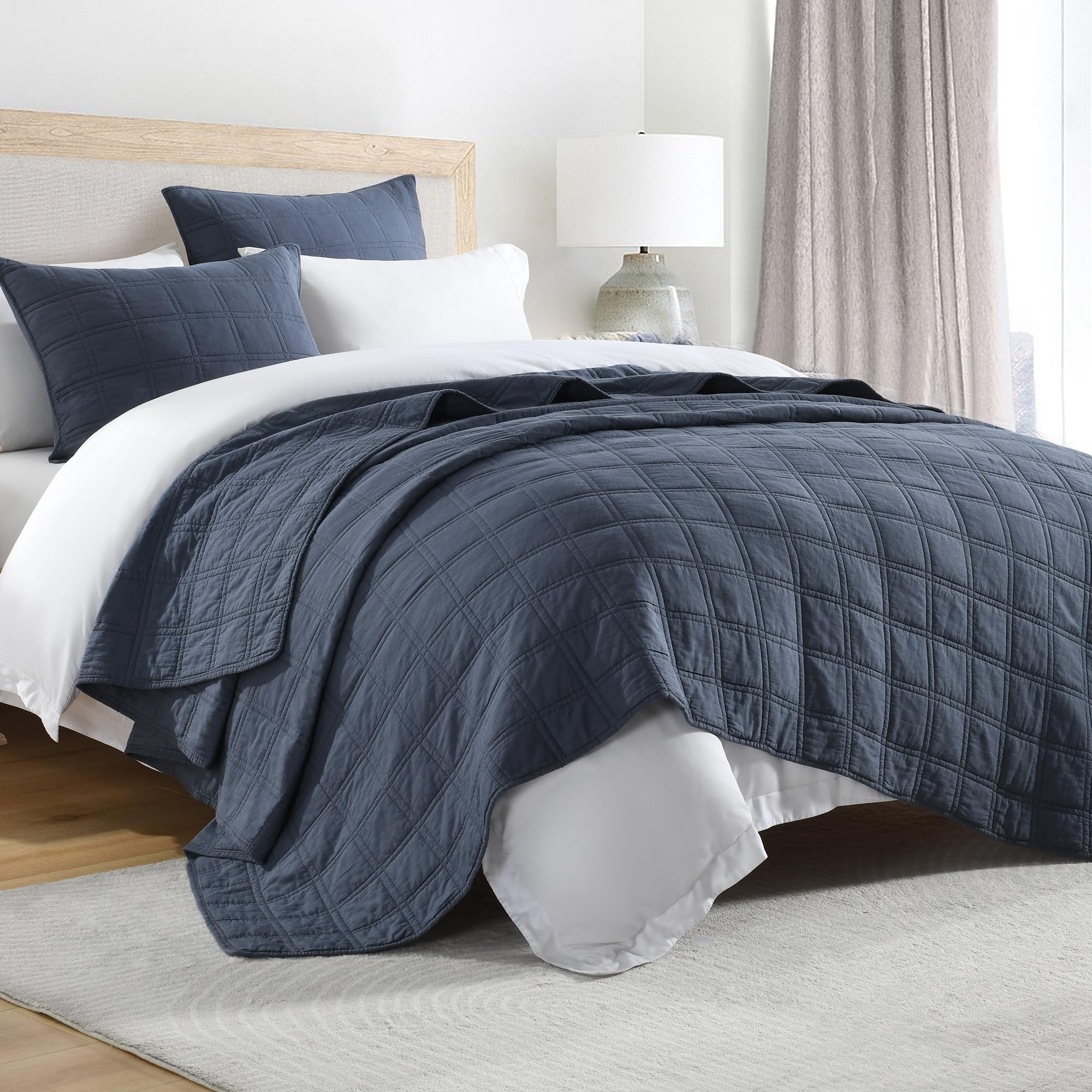 HORIMOTE HOME 100% Cotton Quilt Set Queen Size, Denim Blue Pre-Washed Bedspreads
