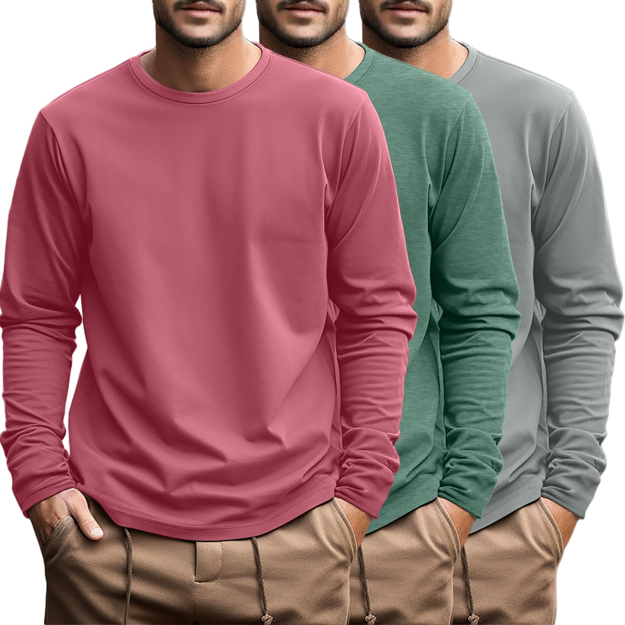 Ficerd 3 Pack Men's Plus Size T Shirts, Cotton Long Sleeve T-Shirts, Round Neck 