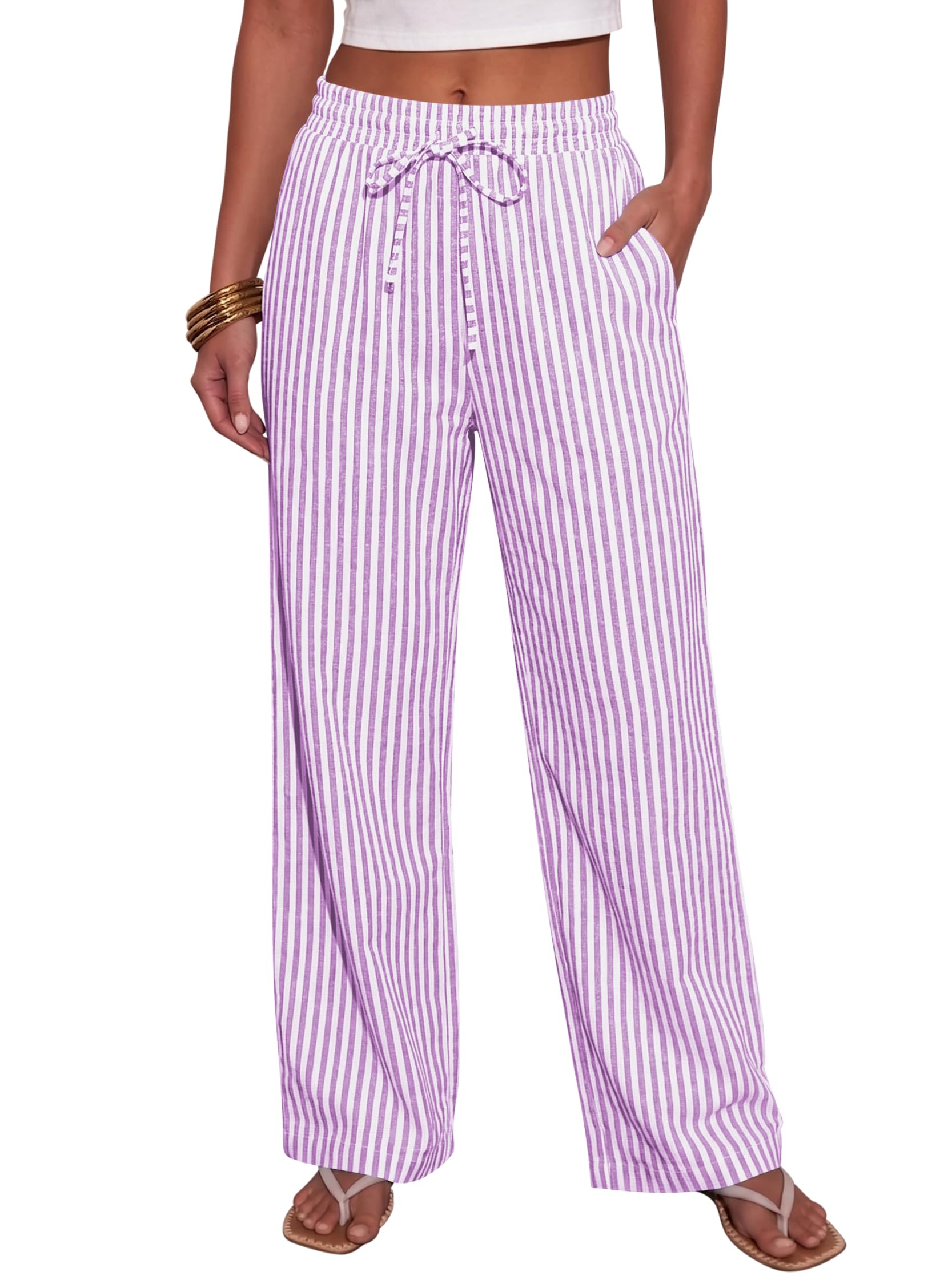 NONSAR Women's Striped Cotton Leisure Lightweight Trousers with Pockets