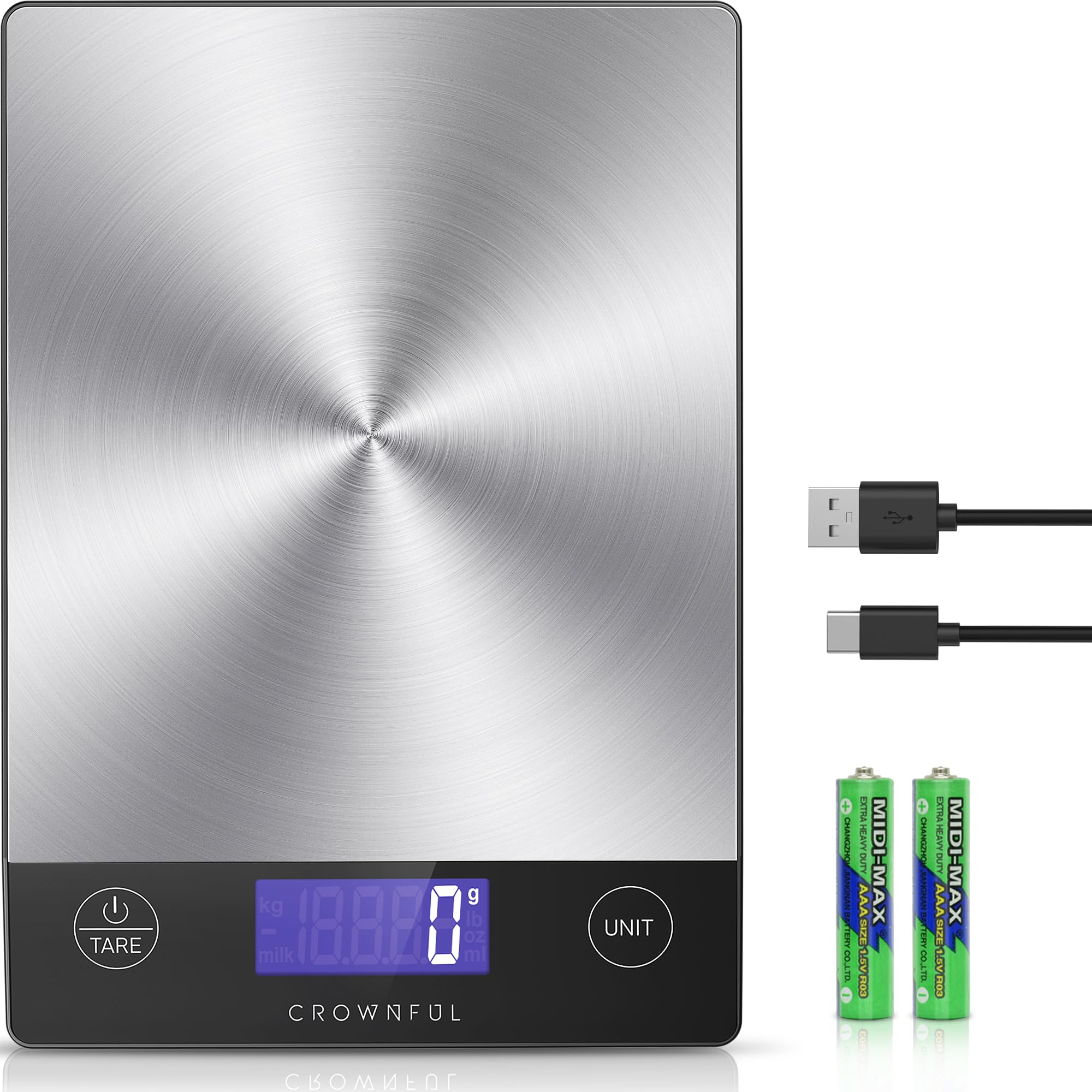 CROWNFUL Food Scale, 33lb Rechargeable 304 Stainless Steel Digital Kitchen Scale
