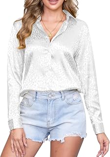 CUNLIN Womens Soft Satin Silk Leopard Button Down Shirts for Women Silky Long Sleeve Work Shirt Dress Blouses Tops