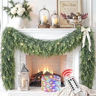 9Ft Prelit Real Touch Cedar Christmas Garland with Lights for Mantle Decor | Thick Soft Looking Artificial Realistic Lighted Faux Garlands for Fireplace 9 Ft Pre lit Home Decorations for Indoor, Outdoor
