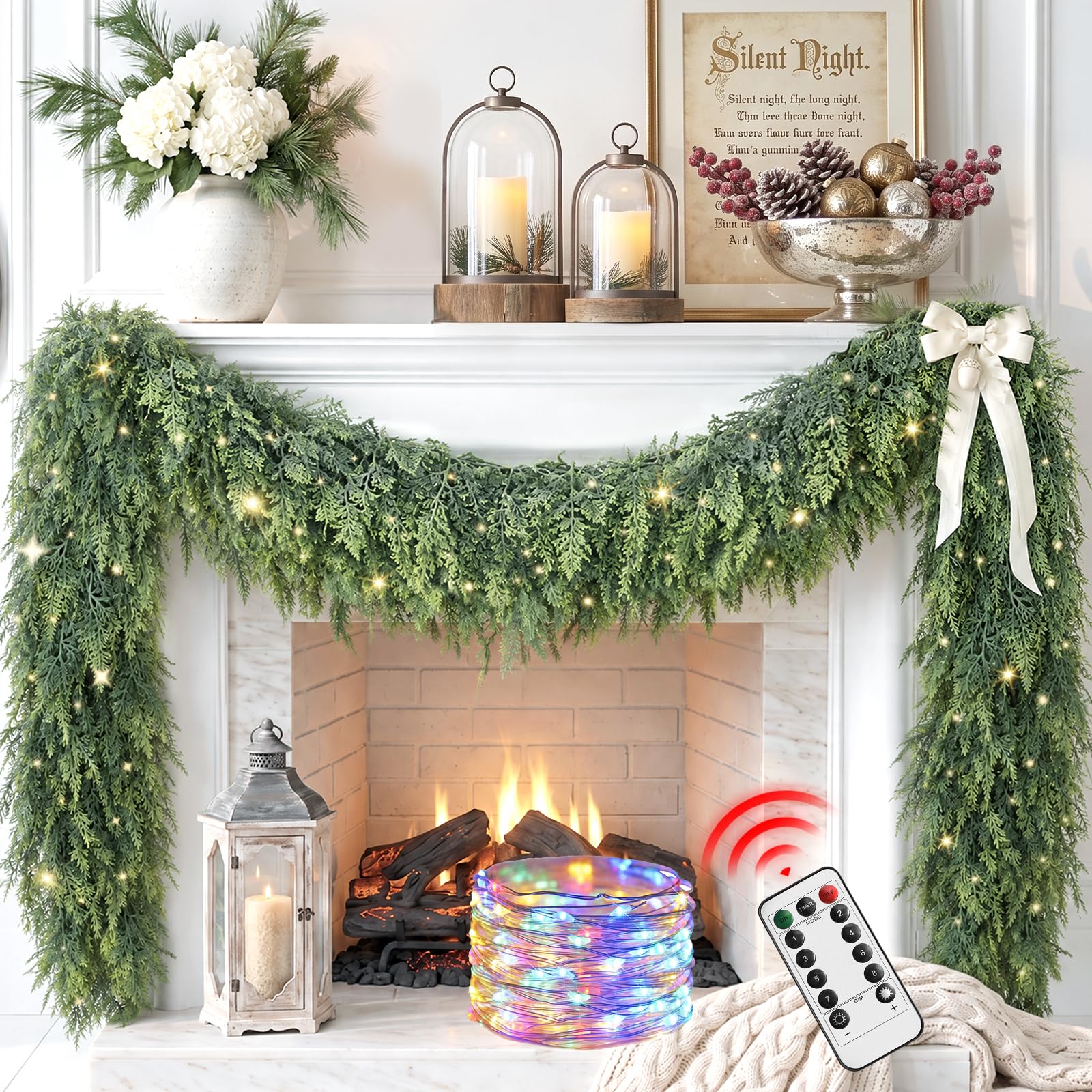 9Ft Prelit Real Touch Cedar Christmas Garland with Lights for Mantle Decor | Thi