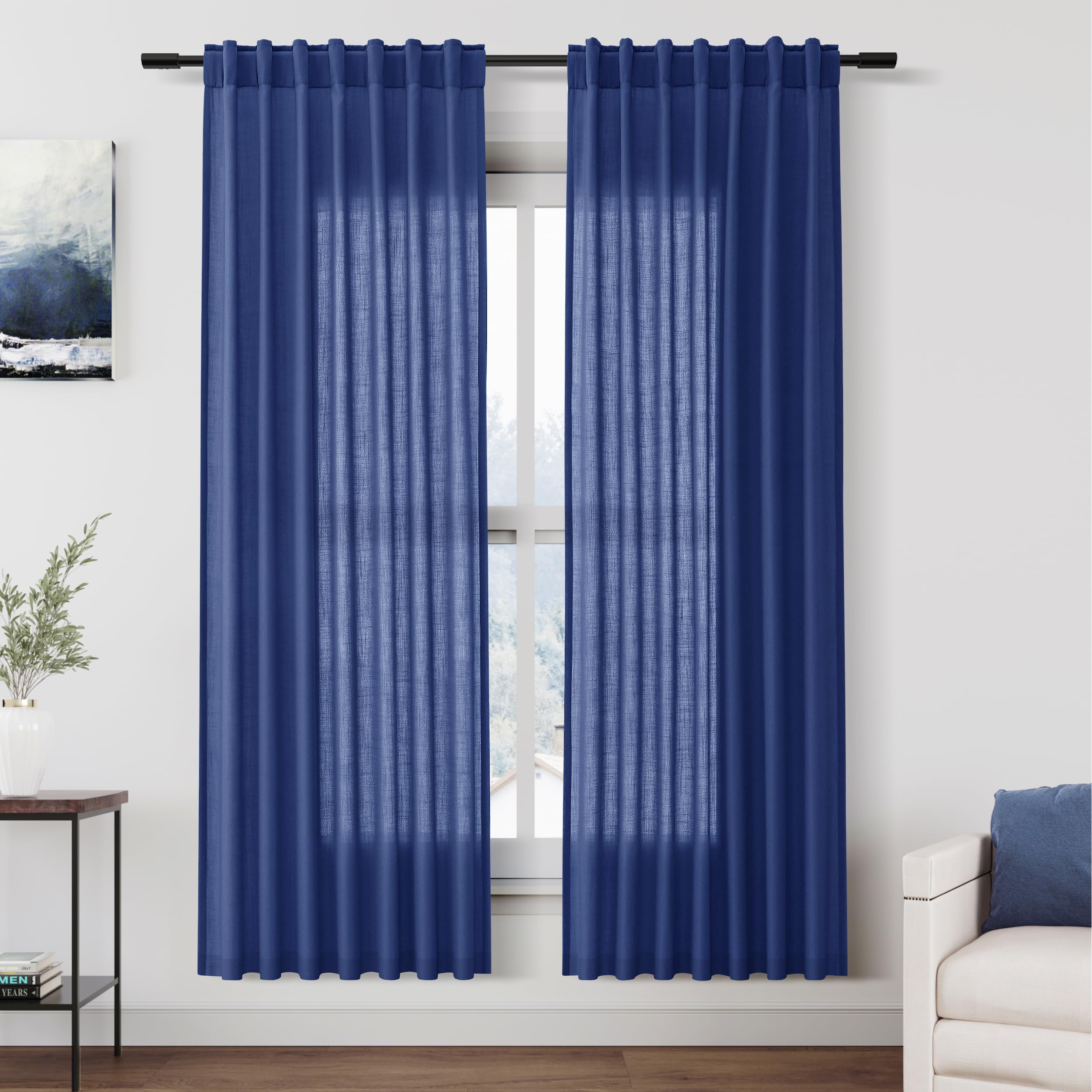 Nanspring Classic Blue Linen Curtains 72 Inch Length for Living Room Semi Sheer 