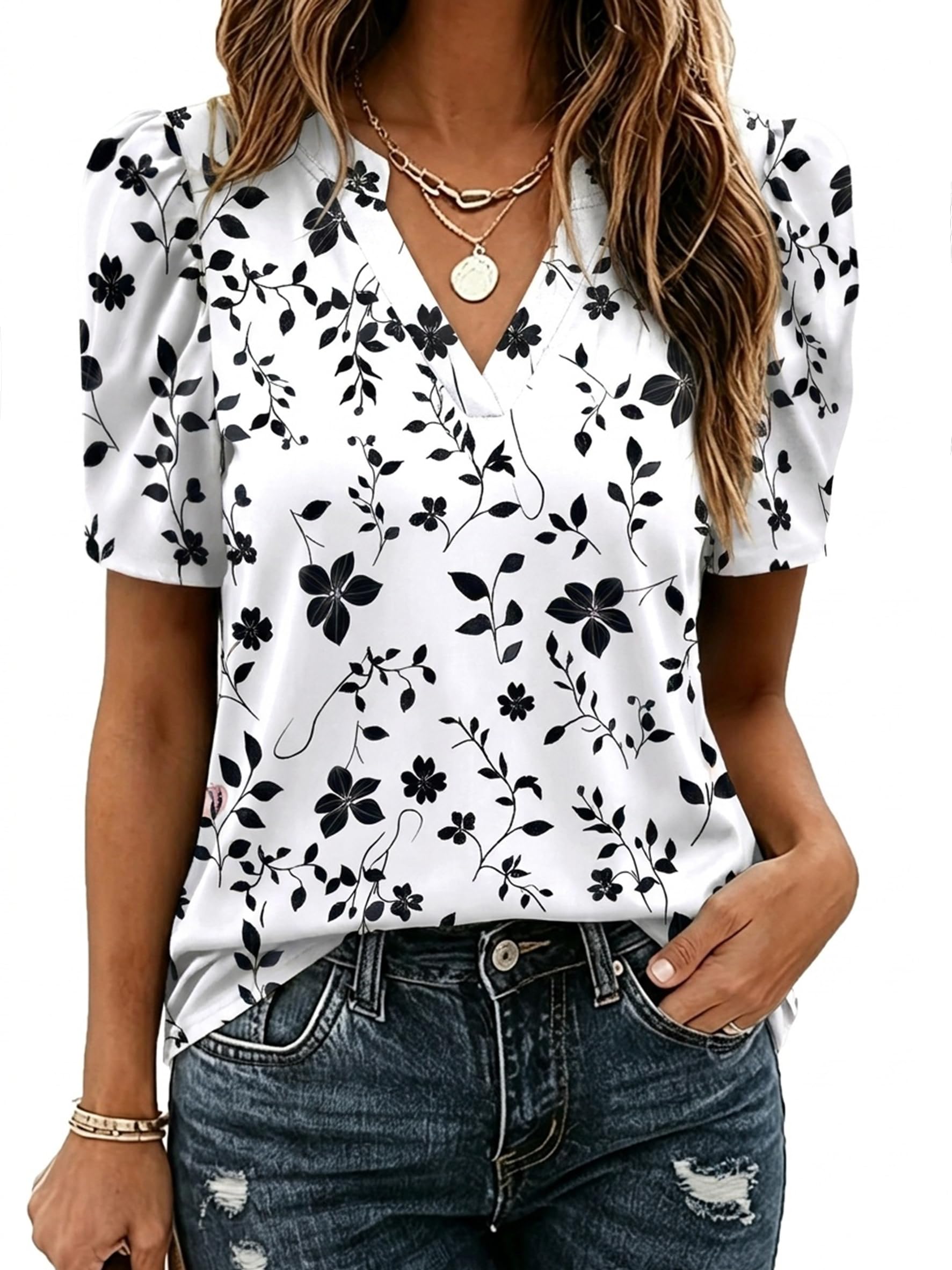 Zeagoo Women Blouses Puff Short Sleeve Tops V Neck Dressy Casual Spring Shirts B