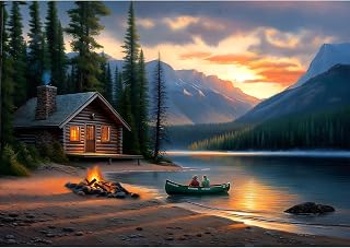 Blueforest Mountain Lake 500 Piece Puzzle for Adults | Log Cabin Panoramic Therapy Jigsaw Puzzles, Challenging Forest Landscape Framable Art Gift (23"x15")