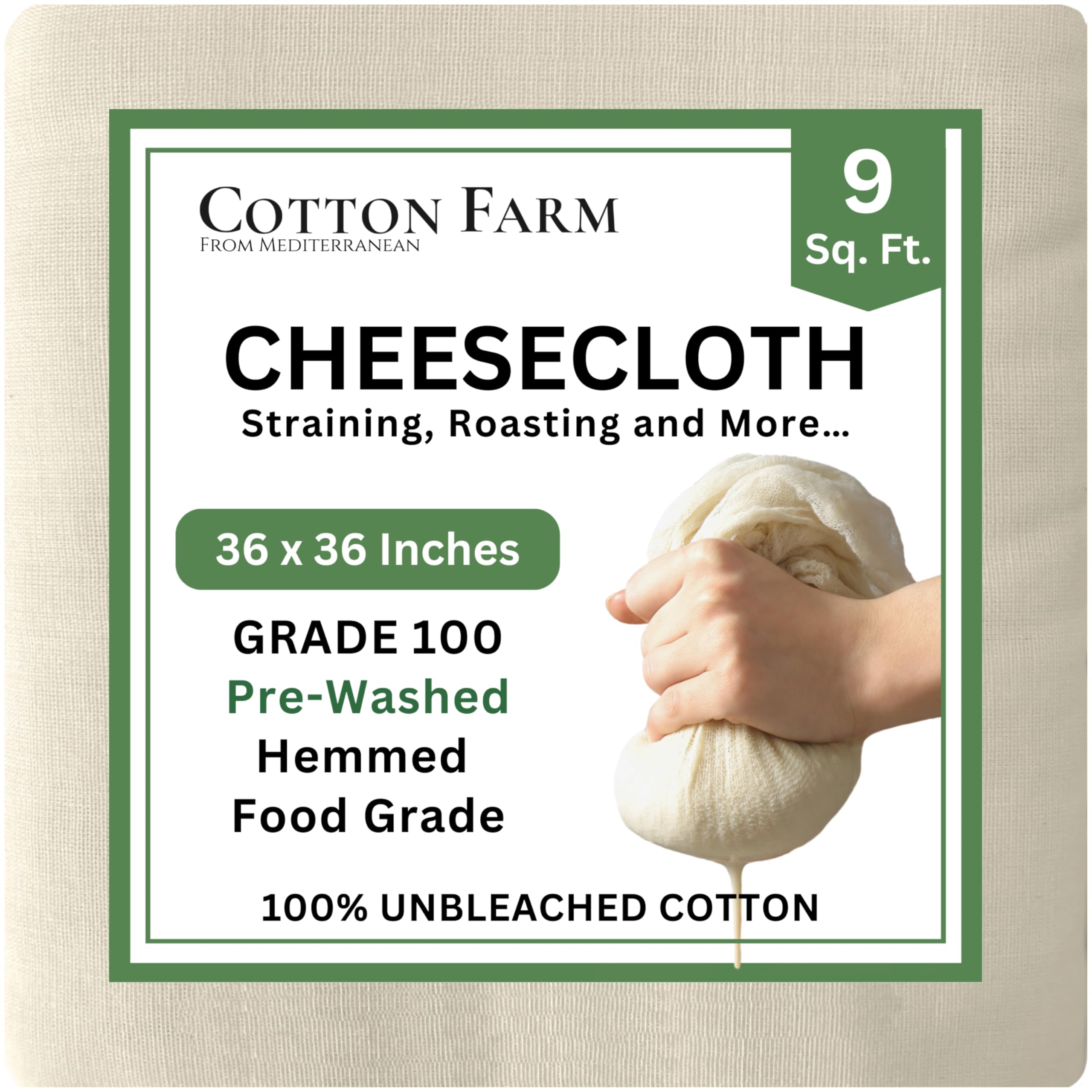 Cotton Farm Grade 100 XL Cheese Cloths - Straining & More; 36x36 Inch; 100% Unbl