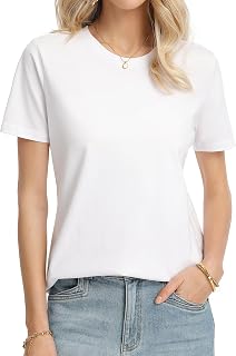 QUALFORT レディース 綿100% 半袖Tシャツ、クルーネックベーシックTシャツ