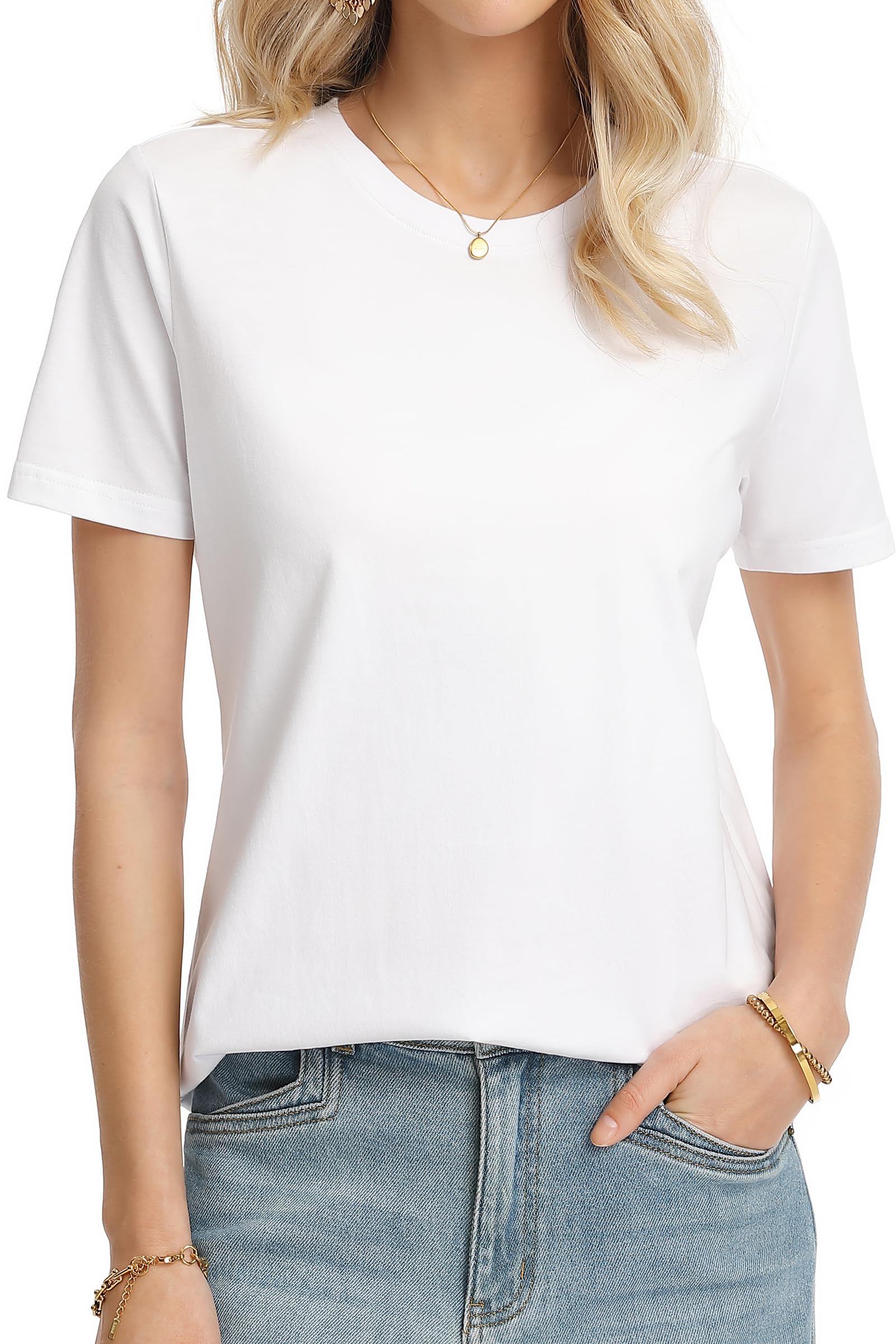 QUALFORT レディース 綿100% 半袖Tシャツ、クルーネックベーシックTシャツ