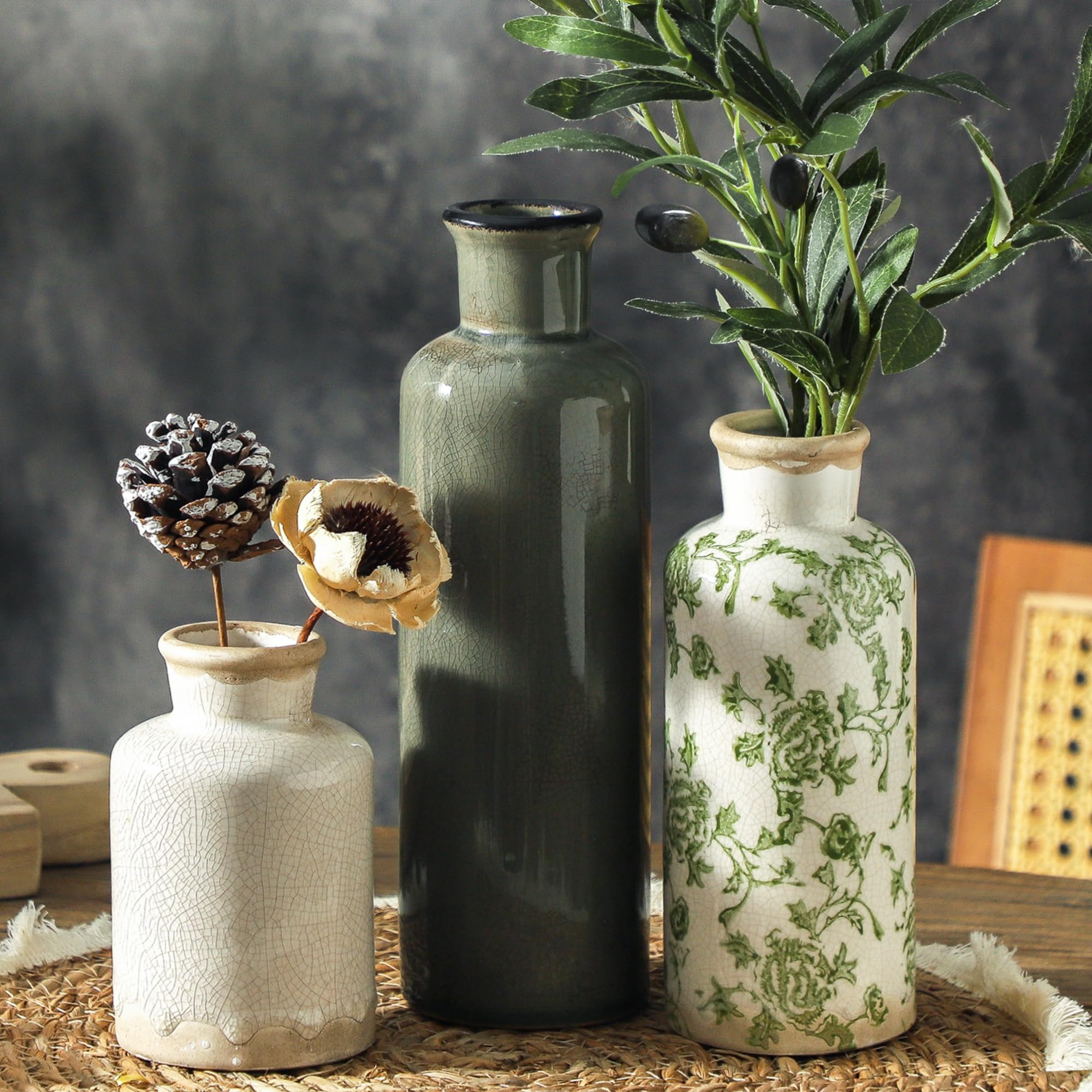 Vintage Vase Set of 3, Ceramic Vintage Flower Vases, Chinoiserie Decorative Home