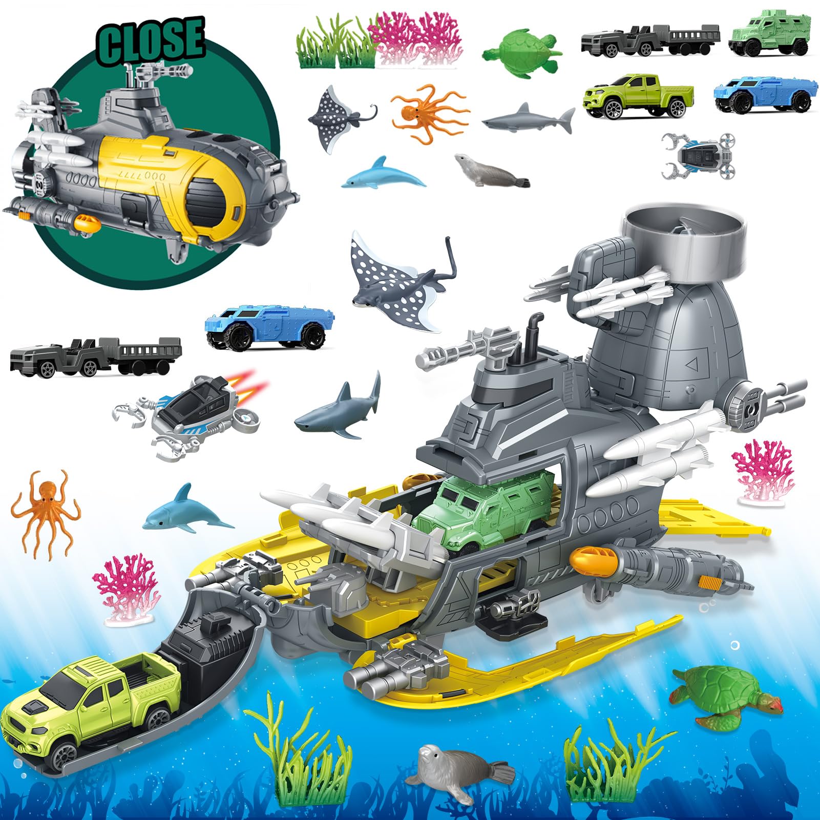 Frontoytall Sea Creatures Toys for Kids, Submarine, Ocean Animal Toys Cars | Sea