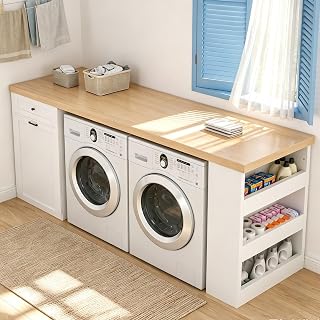 86.6" Washer Dryer Storage Cabinet with Spacious Countertop, Hamper & Racks | Wooden Laundry Cabinet with Built-In Hamper, 3-Tier Storage Rack, Drawer, Interchangeable Sides