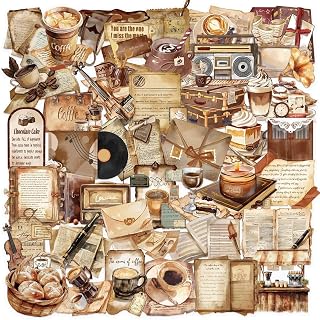 50 PCS Retro Coffee Shop Stickers for Scrapbooking Journaling Junk Journal Scrapbook Supplies - Waterproof Transparent PET Aesthetic Decals for Resin Crafts Decorative Art Crafts (Retro)