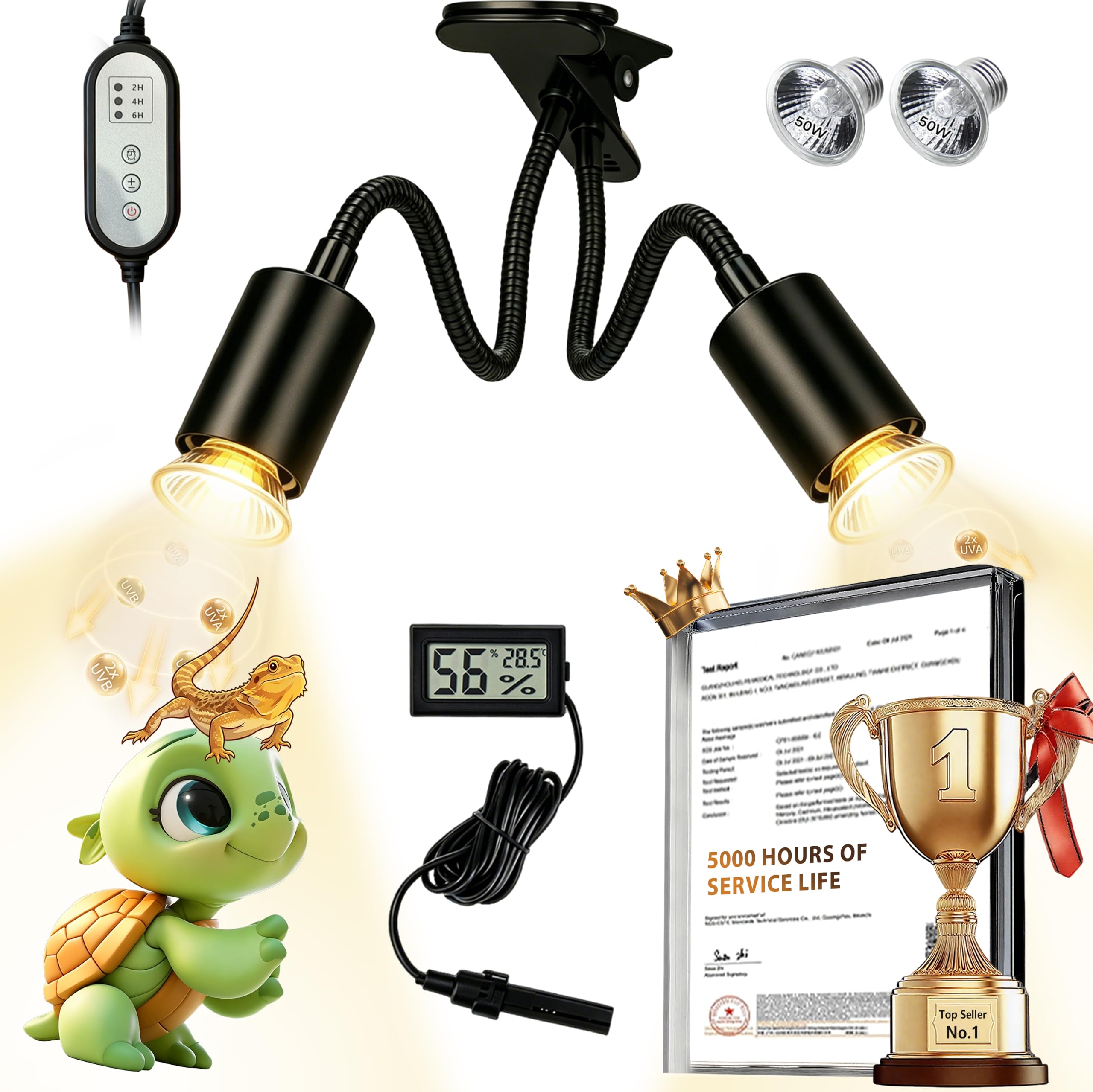 5.0 New Upgraded Reptile Heat Lamp Hygrothermograph|Individual Control |135°Gold