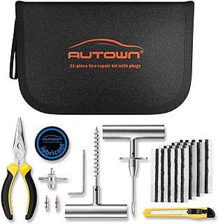 AUTOWN Flat Tire Repair Kit with Plugs 31pcs, Professional Tire Plug Kit | Universal Emergency Tools for Car, Motorcycle, ATV, Jeep, Truck, Tractor, SUV Flat Tire Puncture Repair