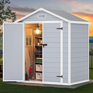 DWVO 6x4.4ft Resin Large Storage Shed with Window & Vents & Floor | Outdoor Storage Shed with Lockable Door, Waterproof Plastic Tool Storage for Garden, Backyard, Patio, Lawn, Gray