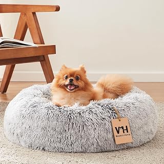 WESTERN HOME WH Calming Soft Round Dog &Cat Bed Small Dog Bed Washable,20" | Fluffy Faux Fur Cuddler,Anti-Anxiety,Anti-Slip Bottom,Self-Warming Bed for Small Dog&Kitten&Puppy,Up to 12 LBS Light Grey
