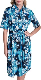 DKNY Womens 3/4 Sleeve Collared Neck Cotton Poplin Shirt Dress