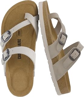 CUSHIONAIRE Lucky 100% Genuine Leather Suede Womens Sandals, Comfortable Cork Footbed Slides for Women with Adjustable Buckles